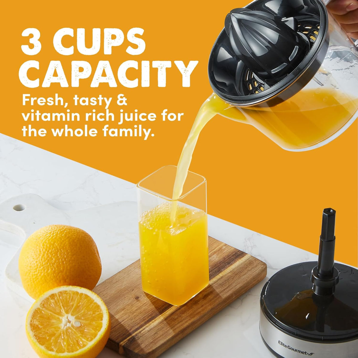 Elite Gourmet ETS623 BPA-Free Electric Citrus Juicer, Compact, Large Volume, Pulp Control, Oranges, Lemons, Limes, Grapefruits with Easy Pour Spout, 24oz, Black/Stainless Steel