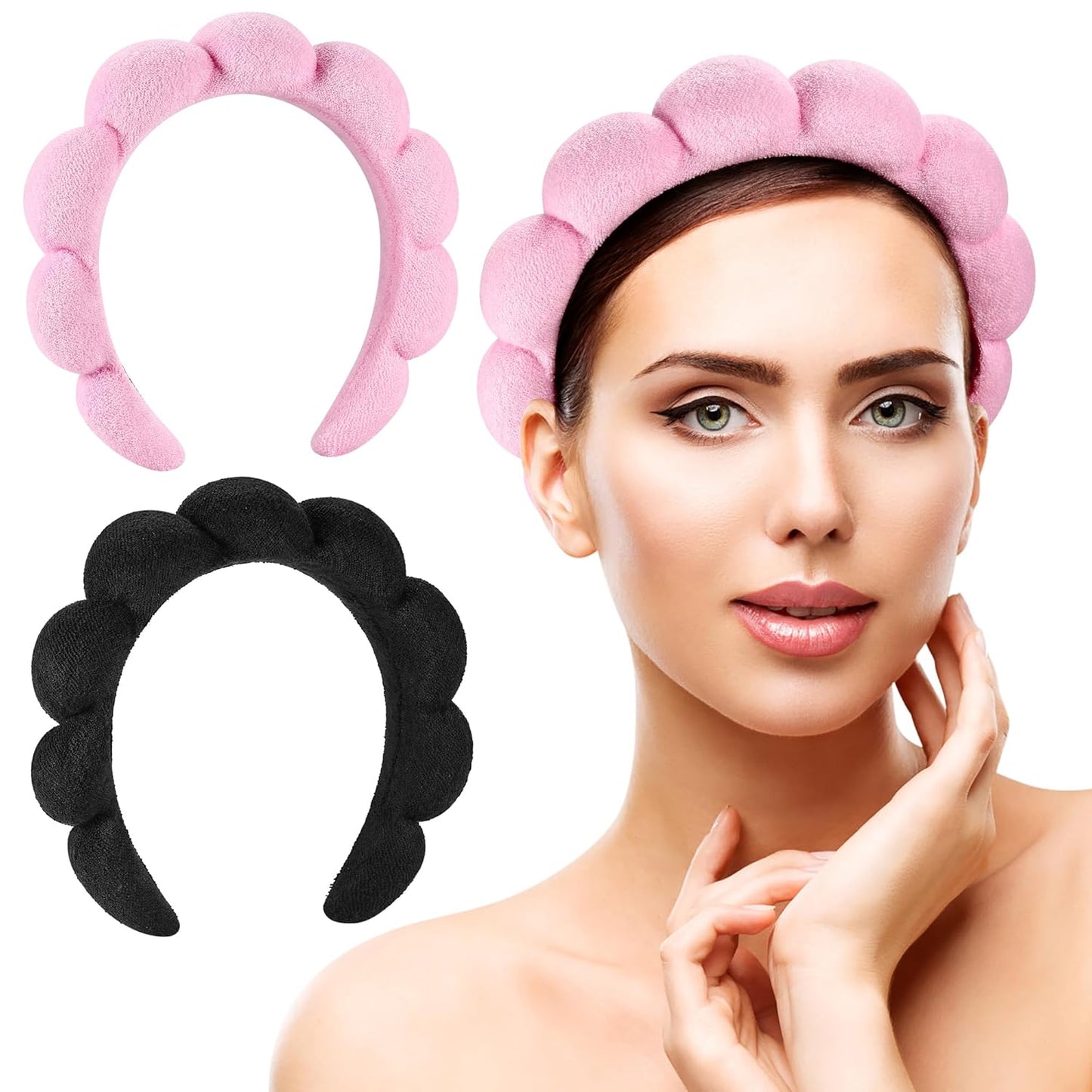Spa Headbands for Washing Face or Facial, Set of 2 Skincare Headbands, Terry Cloth Headband Wash Combo Pack - Puffy Makeup Washing, Mask, Skin Treatment (Black & Pink)