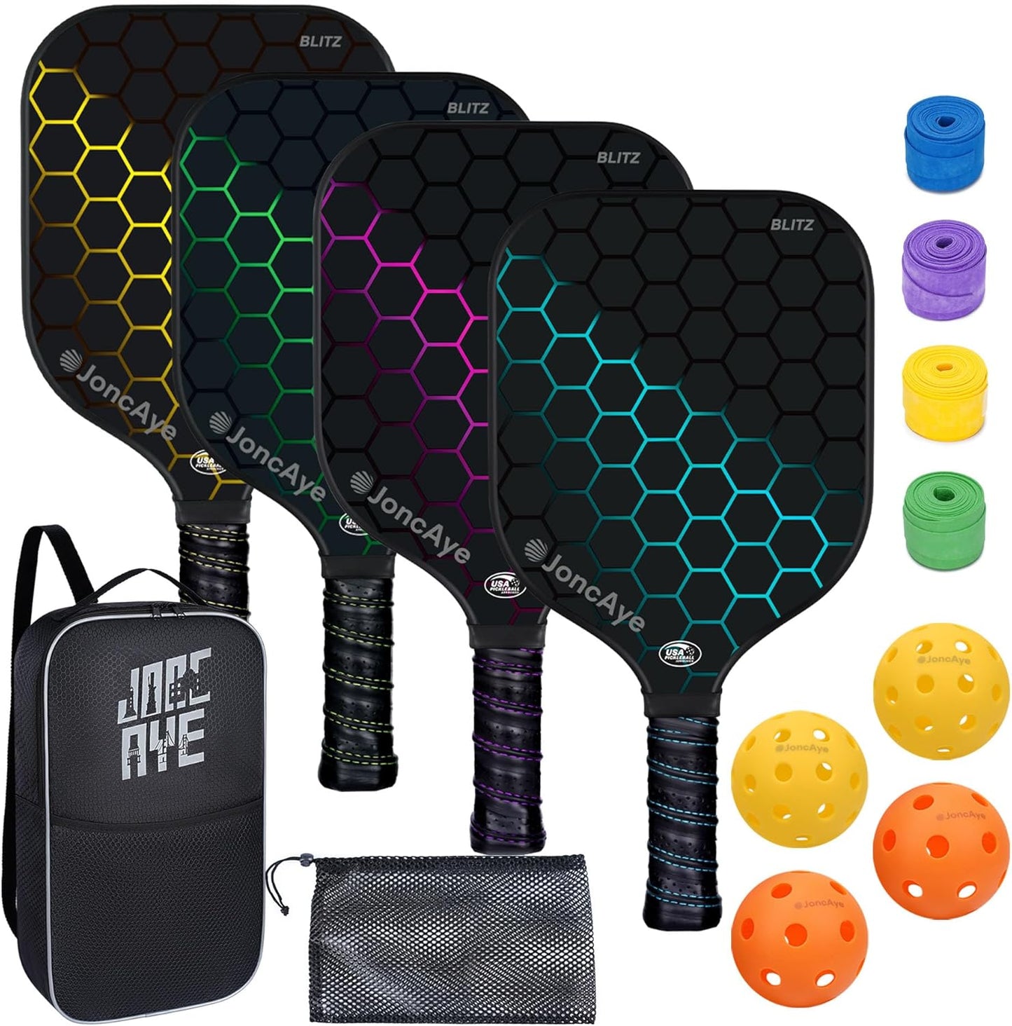 Pickleball-Paddles-Set of 4 or 2 Rackets by JoncAye, USAPA Approved Pickle-Ball Equipment with Balls, Bag, Accessories, Fiberglass Graphite Pickleball Racquet Set for Men, Women