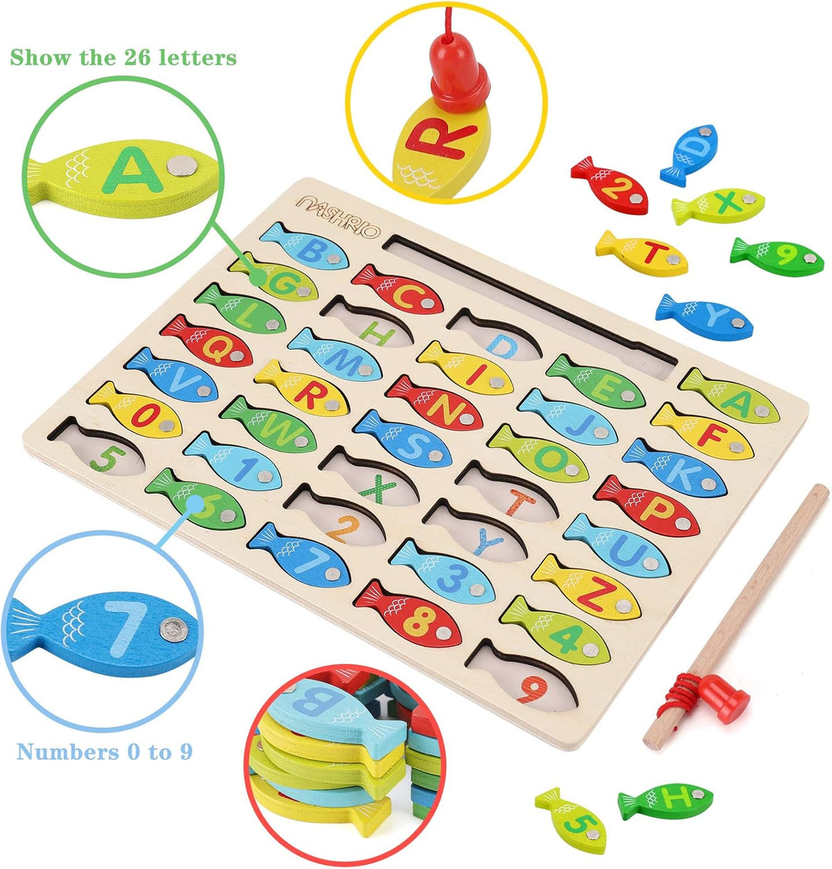 Magnetic Wooden Fishing Game Toy for Toddlers, Alphabet Fish Catching Counting Games Puzzle with Numbers and Letters, Preschool Learning ABC Math Educational Toys 3 4 5 Years Old Girl Boy Kids