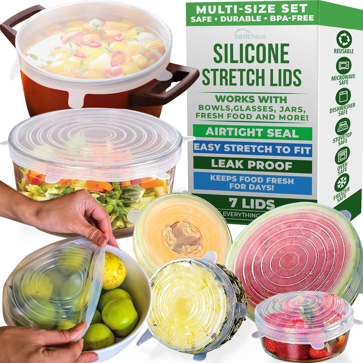 Reusable Silicone Stretch Lids for Food Storage in Fridge - Elastic Heat-Resistant Fits 2.6"–12" Bowl Covers, Cups, Cans, Jars - Universal Food Grade Lid - BPA-Free - Dishwasher Safe -7 Pack