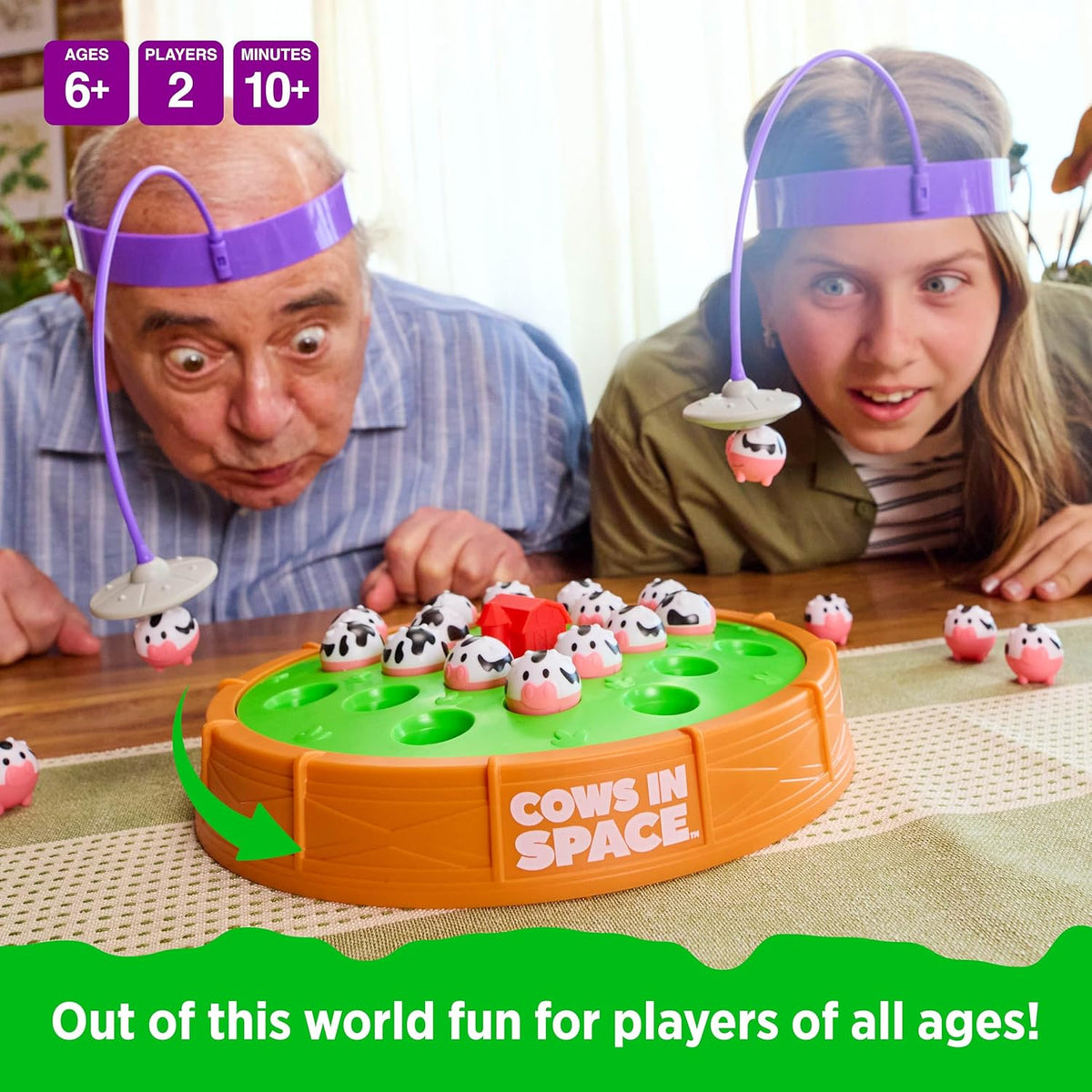 Cows In Space By Relatable, The Kid-Friendly Extraterrestrial Game, Fun Games And 2 Player Games, Great For Space Games, Includes 2 UFO Headbands, 1 Electronic Spinning Base, 21 Cows, and Instructions