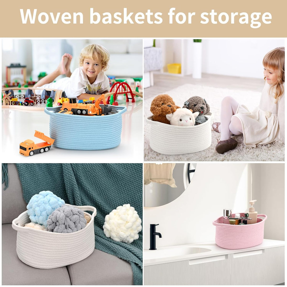 Cute Woven Storage Basket with Handle, Baskets for Gifts Empty, Gift Baskets for Burr Valentines Day Birthday Baby Shower, Decorative Organizer Container for Baby Toy, 13" D x 8" W x 6" H