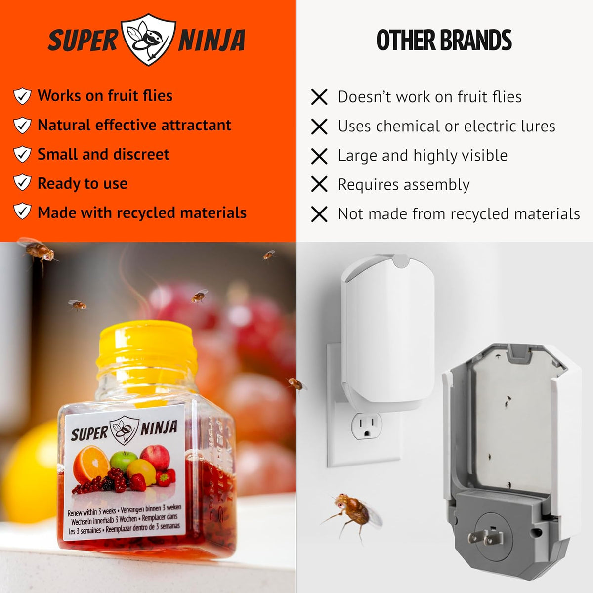 Super Ninja Fruit Fly Traps for Indoors - 4 Pack, Highly Effective Fruit Fly Catcher for Indoor Use for Home & Kitchen, Up to 3 Weeks of Performance per Bottle, Kid & Pet Friendly