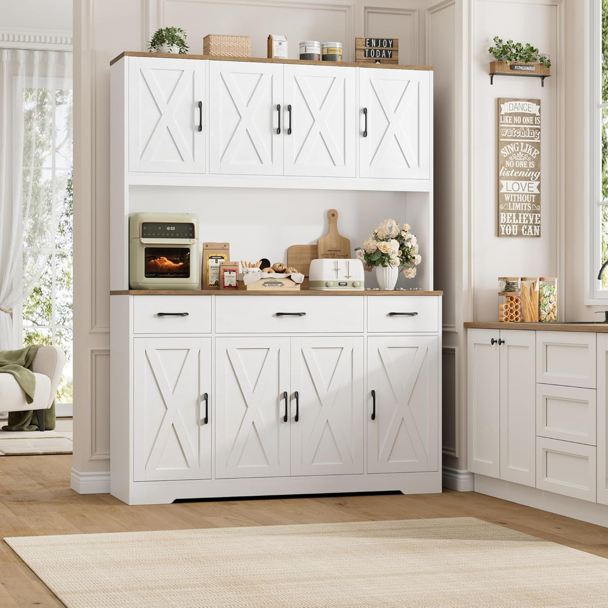 HOSTACK 71" Tall Kitchen Pantry Storage Cabinet with Charging Station, 55" Wide Kitchen Hutch Cabinet with Large Countertop, Farmhouse Food Pantry with Drawers for Living Room (White)