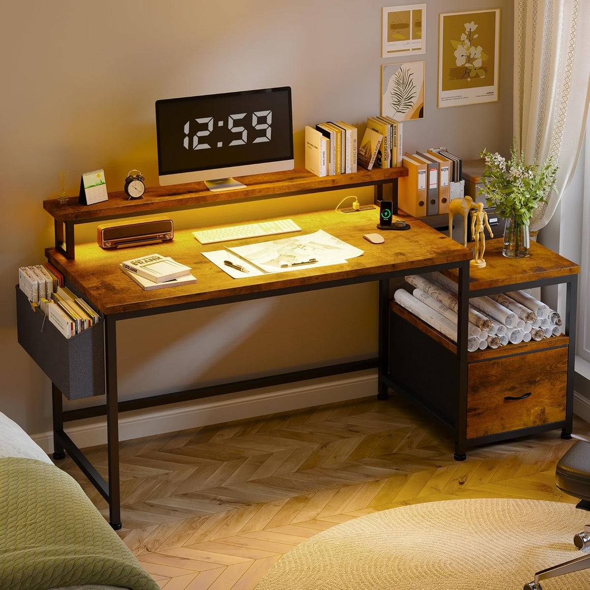 EnHomee 57" Office Desk with Drawers and Printer Space,Computer Desk with Power Outlets,Home Office Desks with File Drawers Cabinet,Study and Gaming Desk with Shelves Monitor Stand,Rustic Brown