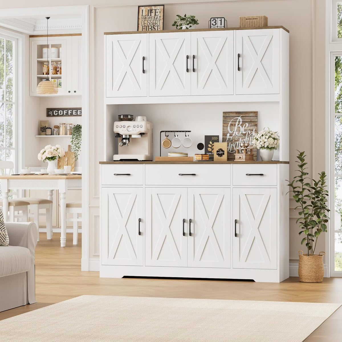 HOSTACK 71" Tall Kitchen Pantry Storage Cabinet with Charging Station, 55" Wide Kitchen Hutch Cabinet with Large Countertop, Farmhouse Food Pantry with Drawers for Living Room (White)