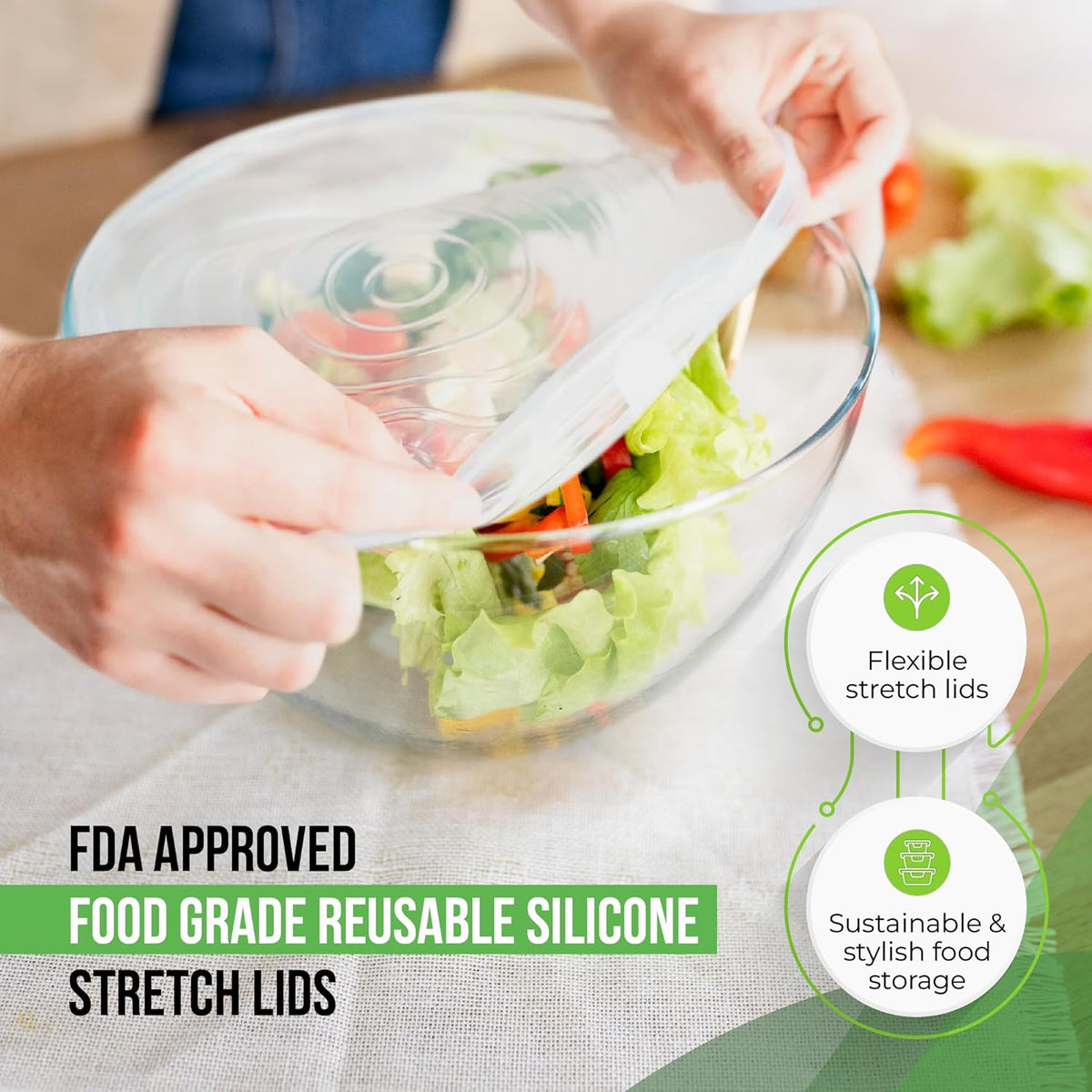 Reusable Silicone Stretch Lids for Food Storage in Fridge - Elastic Heat-Resistant Fits 2.6"–12" Bowl Covers, Cups, Cans, Jars - Universal Food Grade Lid - BPA-Free - Dishwasher Safe -7 Pack