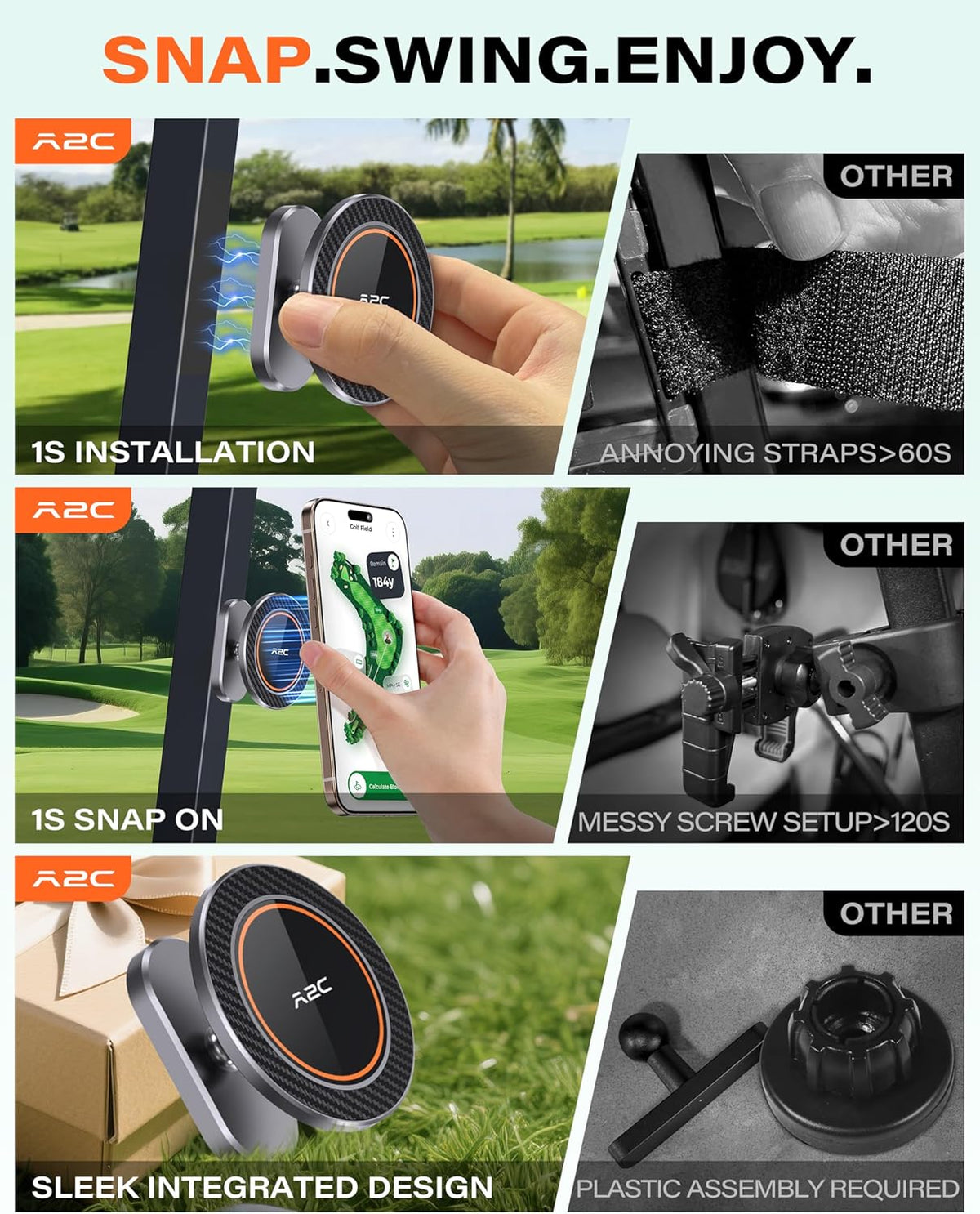 A2C Alloy Magnetic Golf Cart Phone Holder Compatible with MagSafe iPhone 12-17, Unique Golf Gifts for Men Golfers Women Dad Him, 2026 Golf Accessories Essentials Gadgets Fits EZGO, Club Car, Yamaha