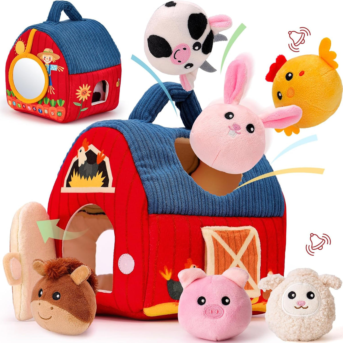 hahaland Baby Toys 6-12 Months - Surprise Barn Stuffed Farm Animals, Rattle, Crinkle, Mirror, Montessori Toys for 6 Month Old Sensory Balls 1-3 Plush Baby Valentines Day Gifts Easter Basket Stuffers