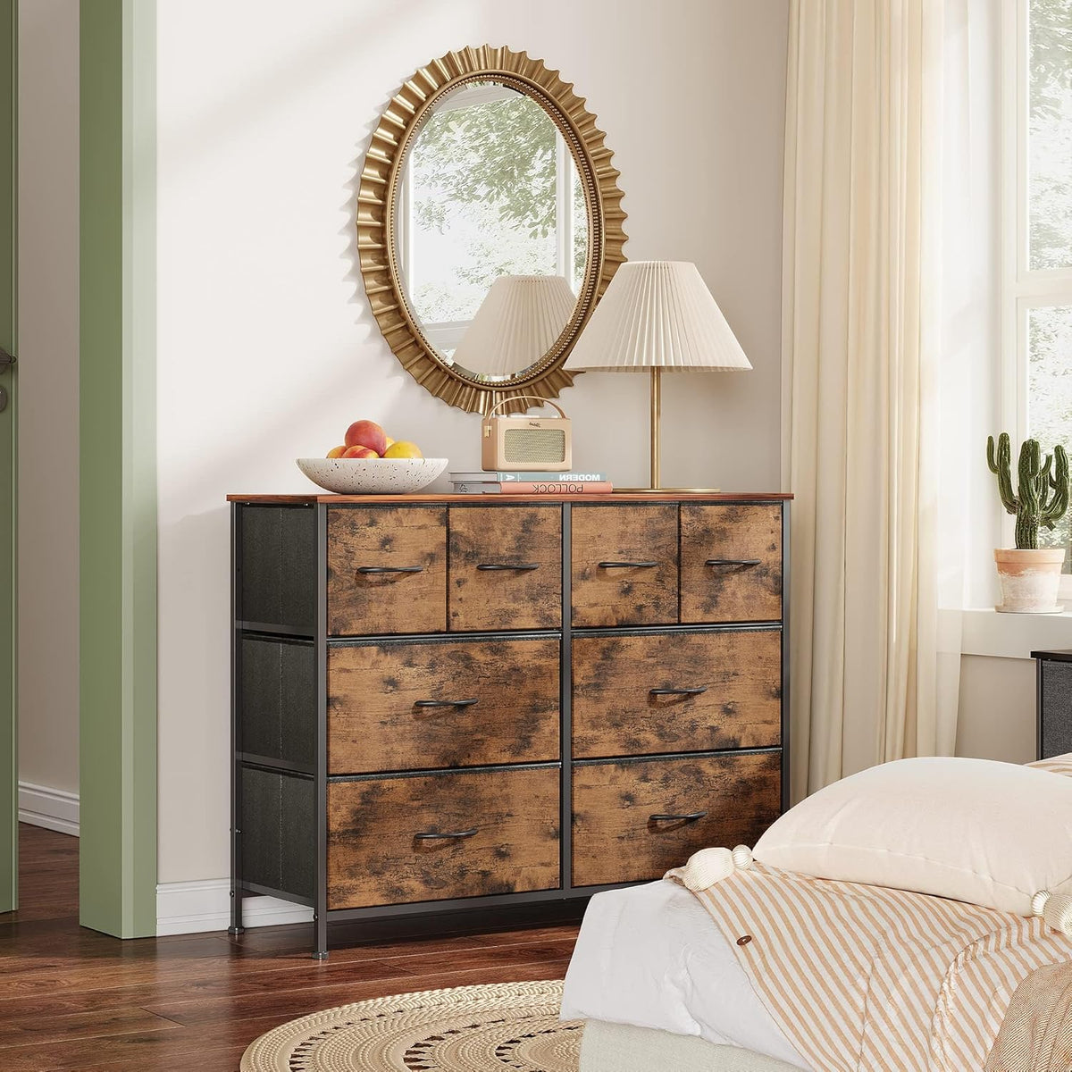 WLIVE Dresser for Bedroom with 8 Drawers, Wide Fabric Dresser for Storage and Organization, Bedroom Dressers, Chest of Drawers for Living Room, Closet, Entryway, Rustic Brown Wood Grain Print