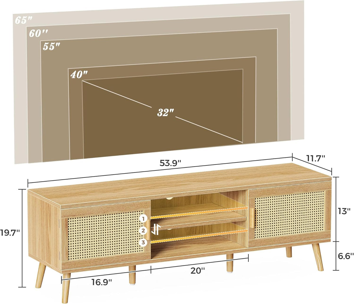 SUPERJARE Boho TV Stand for 65 Inch TV, Entertainment Center with Adjustable Shelf, Rattan TV Console with 2 Cabinets, Media Console, Solid Wood Feet, 4 Cord Holes, for Living Room - Natural