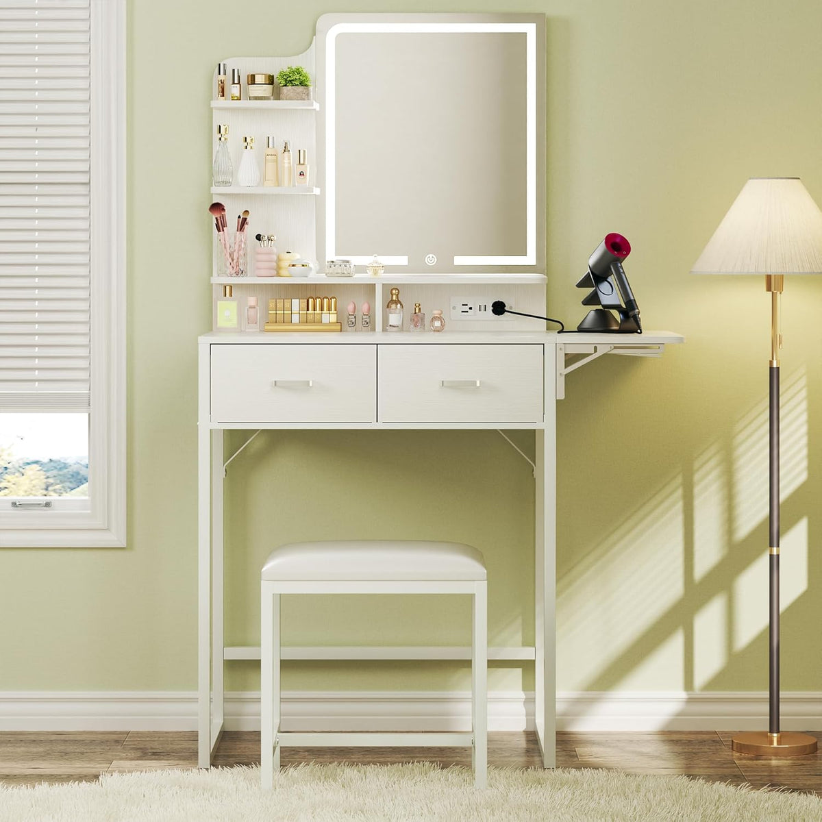 Small Vanity Desk with Mirror and Lights, Makeup Vanity with Fabric Storage Drawer, Chair and Three Shelves, White Vanity with Power Outlet and Fold-up Panel, Bedroom