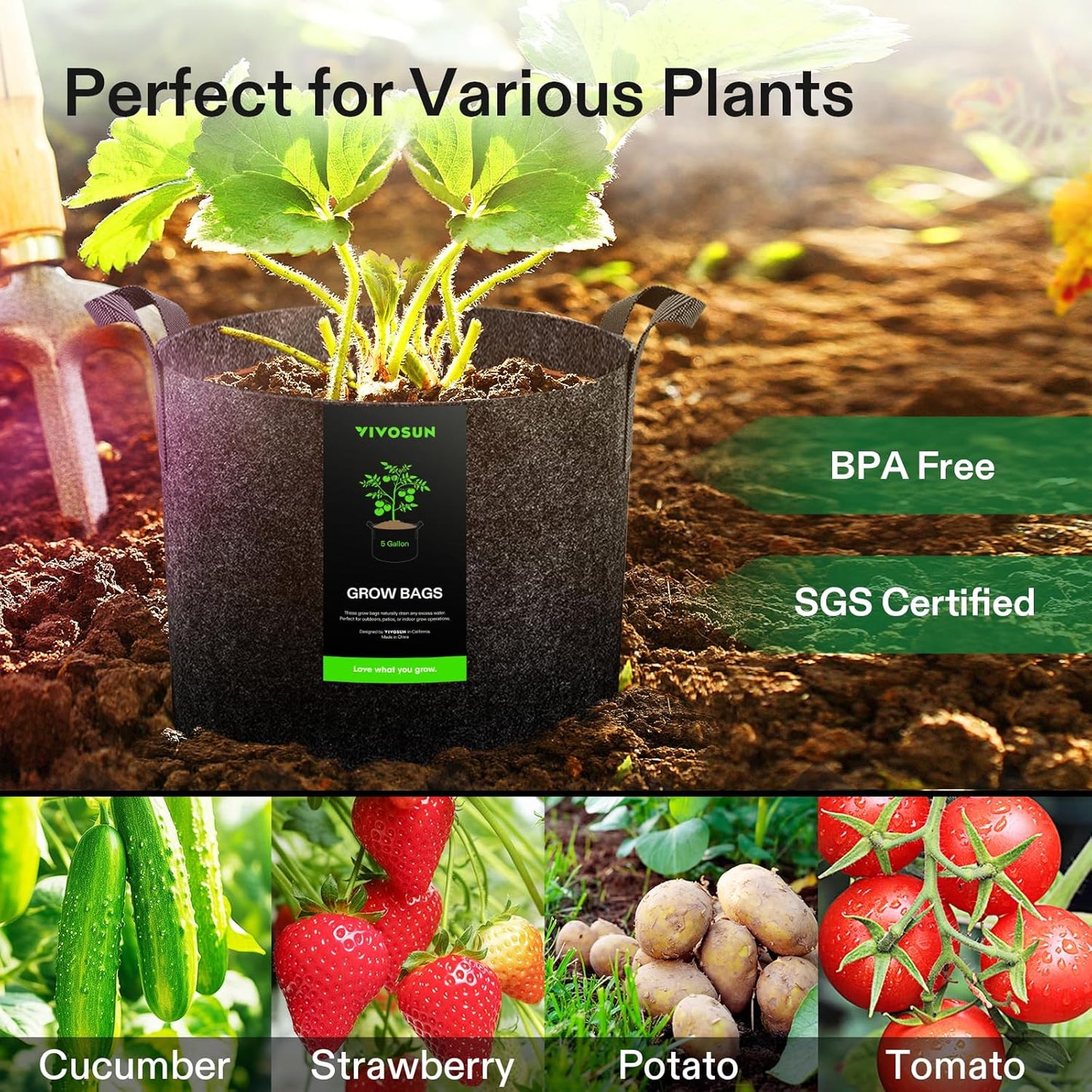 VIVOSUN 5-Pack 5 Gallon Grow Bags Heavy Duty 300G Thickened Nonwoven Plant Fabric Pots with Handles