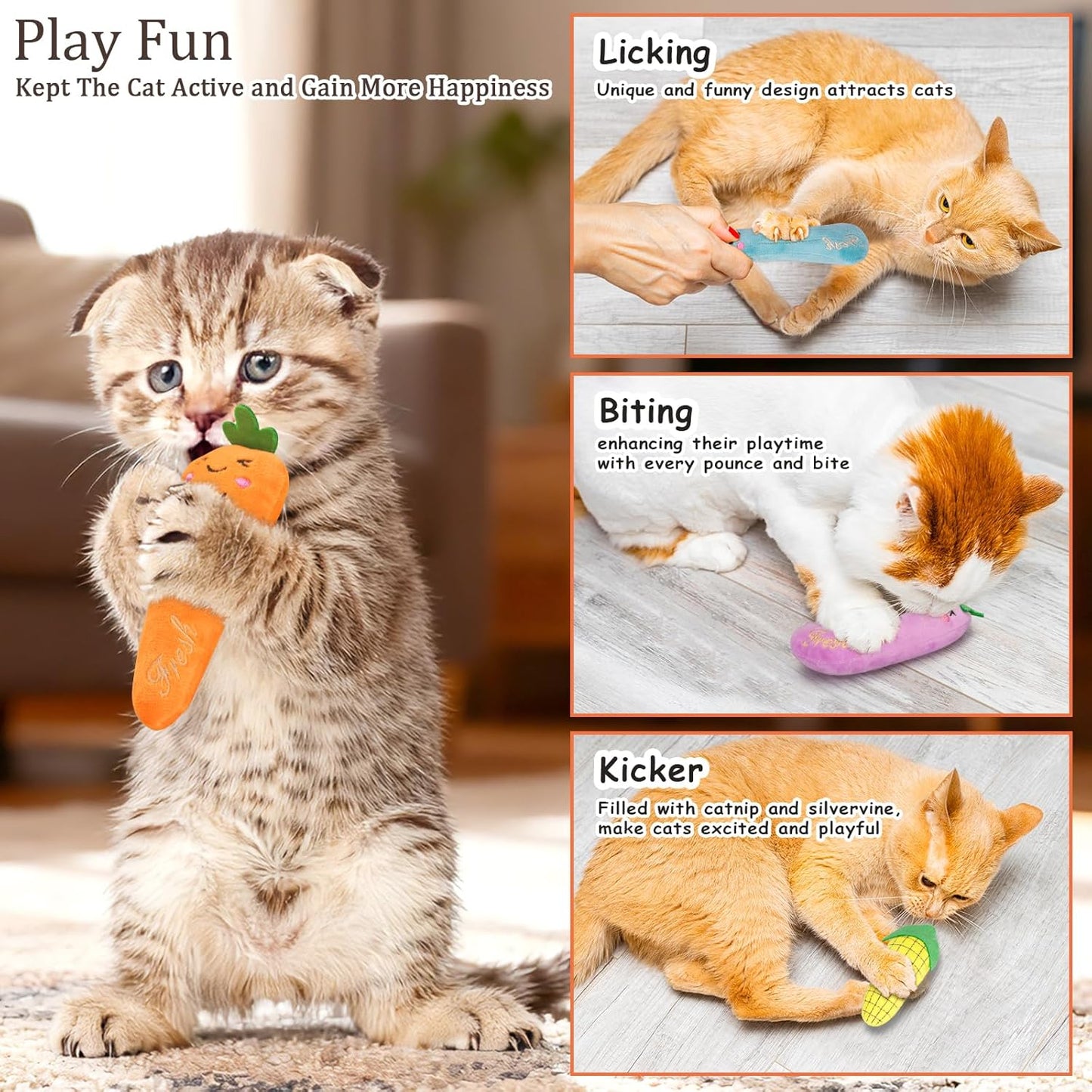 5 Pack Catnip Toys - Natural Catnip & Silvervine Inside Plush Cat Kicker Toys for Teeth Cleaning, Fun Vegetable Shape Interactive Chew Toys for Indoor Cats & Kittens