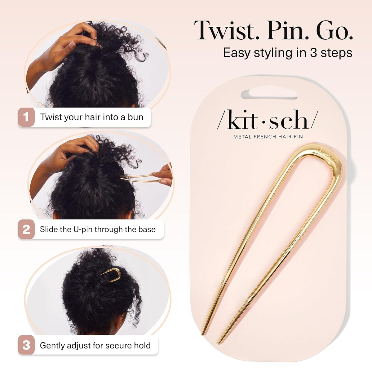 Kitsch French Hair Pins for Women – Elegant & Durable Metal Hair Fork for Updos, Chignon, Bun & Twist Hairstyles, Secure Hold All Day, Comfortable Fit | Ideal Gifts for Women- Gold, 1pc