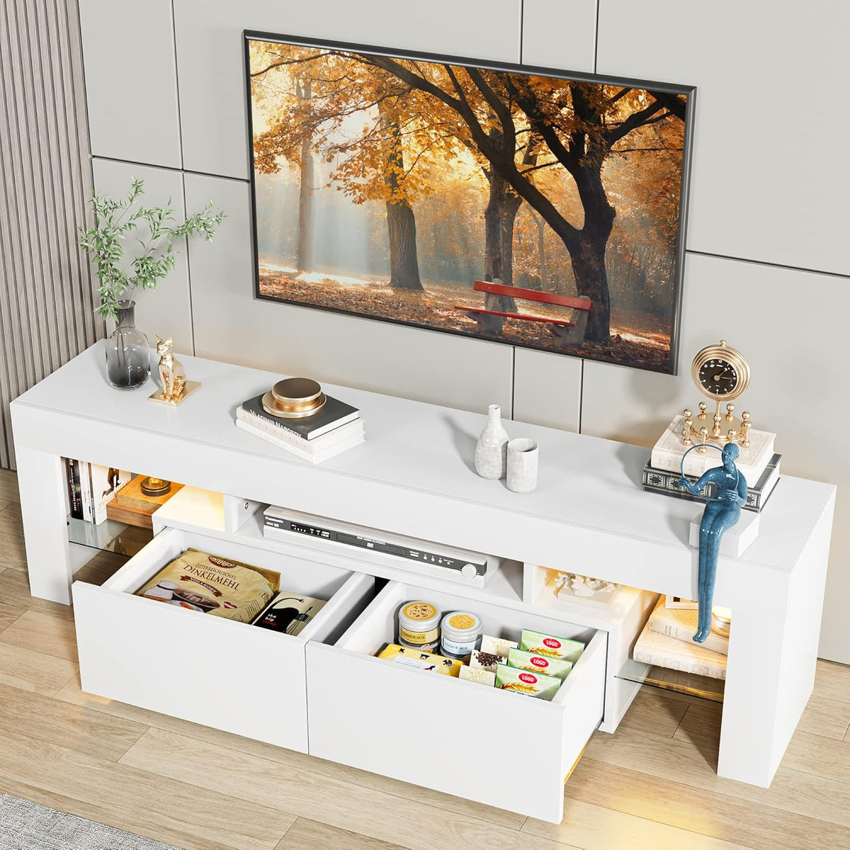 JUMMICO TV Stand with LED Lights, Modern Entertainment Center Media and Open Shelf Console Table Storage Desk with 1 Drawer and Remote Control 20 Color LED Lights up to 70 Inch TV (White)