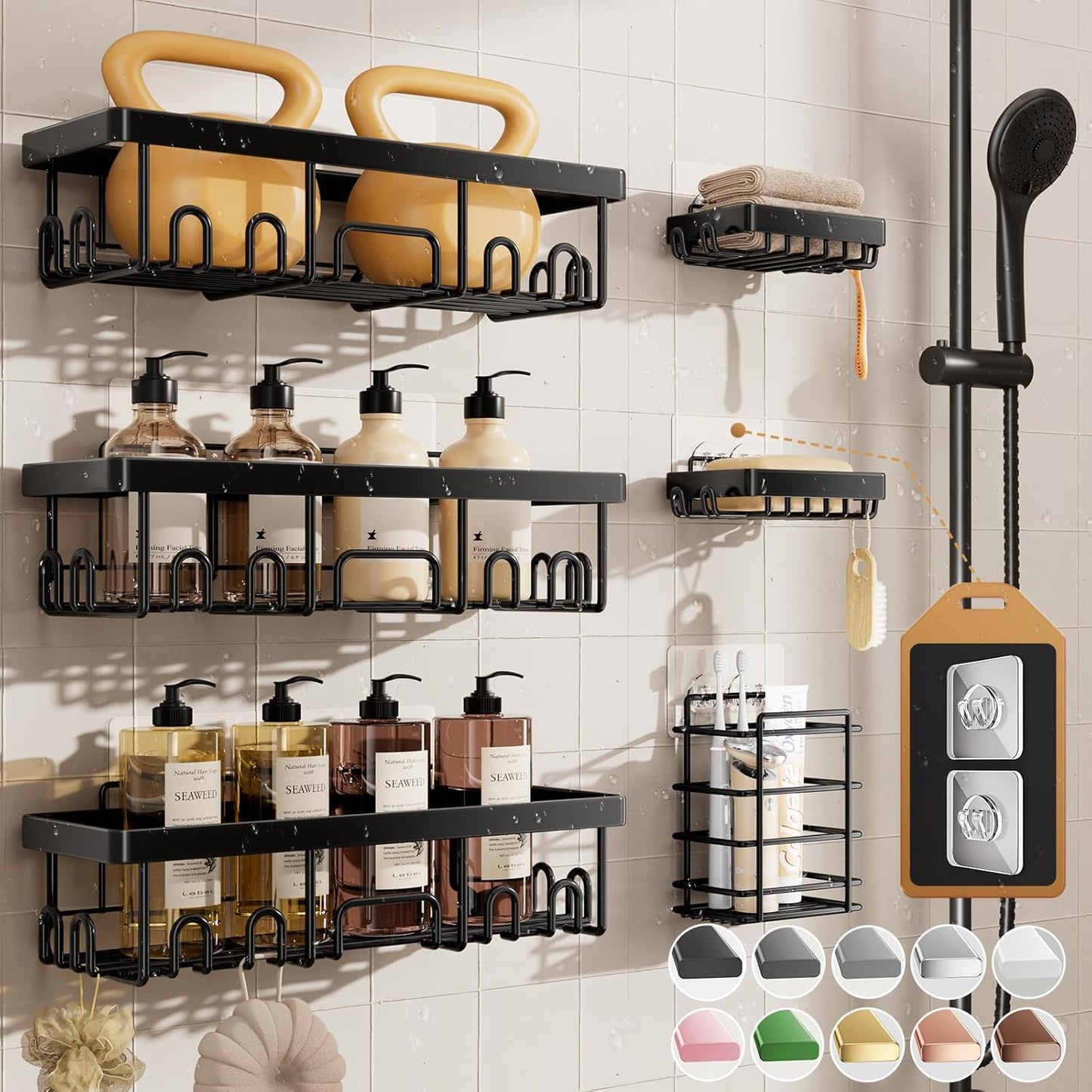 Veken Shower Caddy 6-Pack, Advanced Rustproof Design, No Drilling Adhesive Shelves, Rack with Soap Holder, Large Capacity Bathroom Organizers and Storage, Wall-Mounted Kitchen & Home Decor