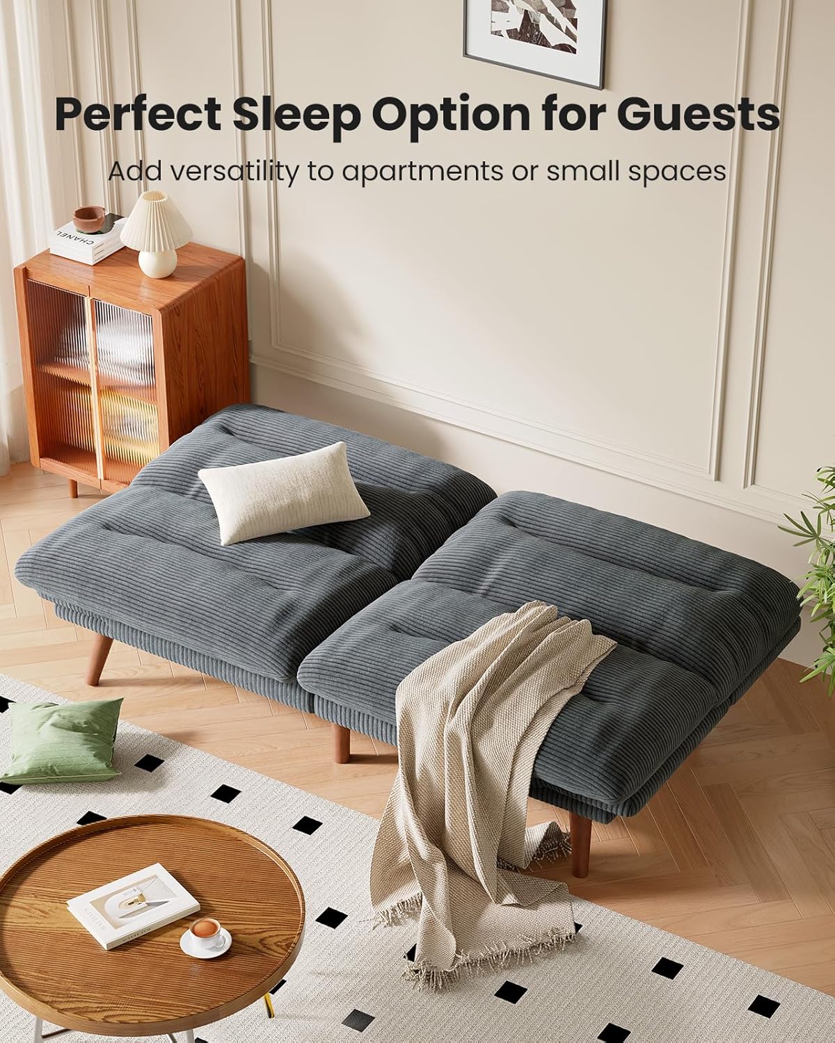 Pipishell Futon Sofa Bed, 66 Inch Corduroy Futon Couch Convertible with Adjustable Backrest and Armrests, Recliner Sleeper Sofa for Small Spaces, Living Room, Office, Guest Room (Grey, 66 Inch)