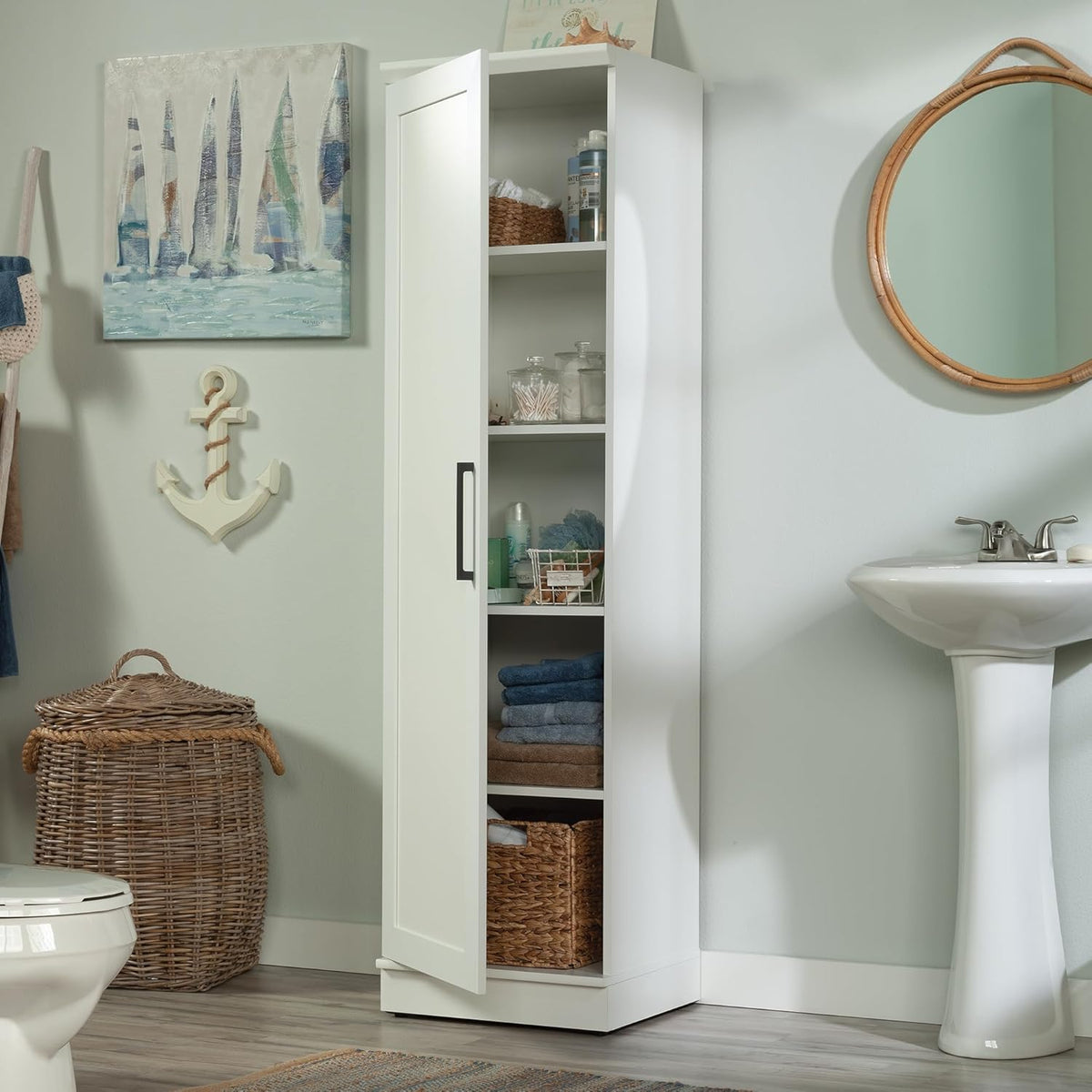Sauder HomePlus Narrow Pantry Storage Cabinet Slim Single Door with Adjustable Shelves, Kitchen Laundry Bathroom Storage Cabinet, in Soft White
