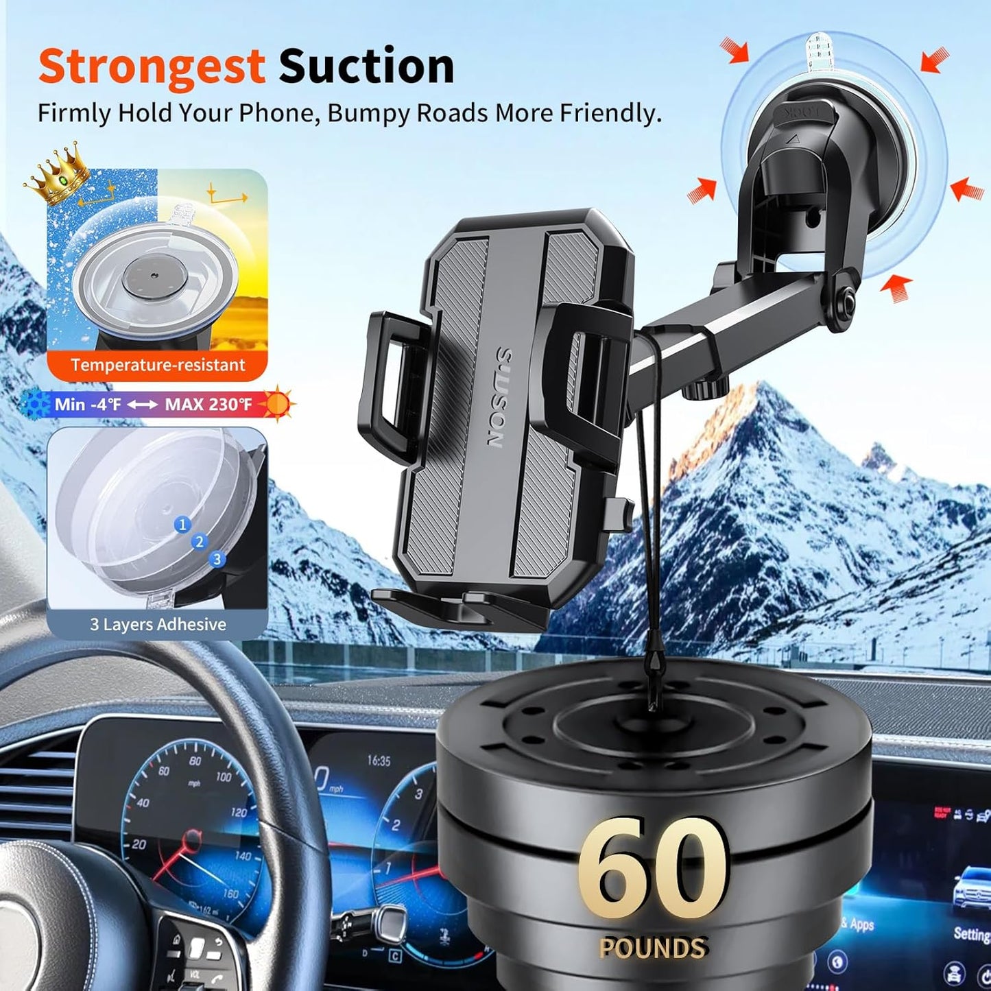Upgraded 3-in-1 Car Phone Holder Mount [Powerful Suction] Phone Mount for Car Dashboard Air Vent Windshield,for All iPhone Android Phone (Black)