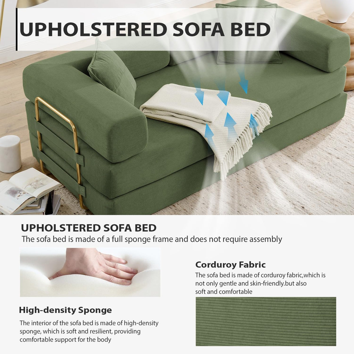 4-in-1 Folding Convertible Sofa Bed, 78 Inch Oversized Corduroy Upholstered Boneless Couch, Loveseat Sleeper with Pull Out Bed, Floor Sofa Modular Futon Couch for Living Room Bedroom Lounge, Green