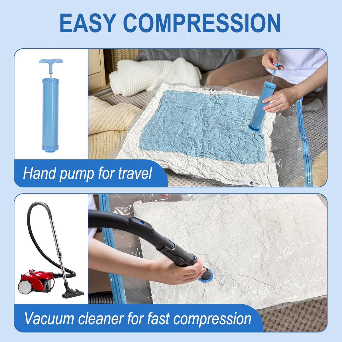 16 Combo Vacuum Storage Bags with Hand Pump, 4 Jumbo + 4 Large + 4 Medium + 4 Small Plastic Packaging Bags, 80% Space Saver Vacuum Seal Bags for Clothing, Travel Lugggage, Blankets, Comforters