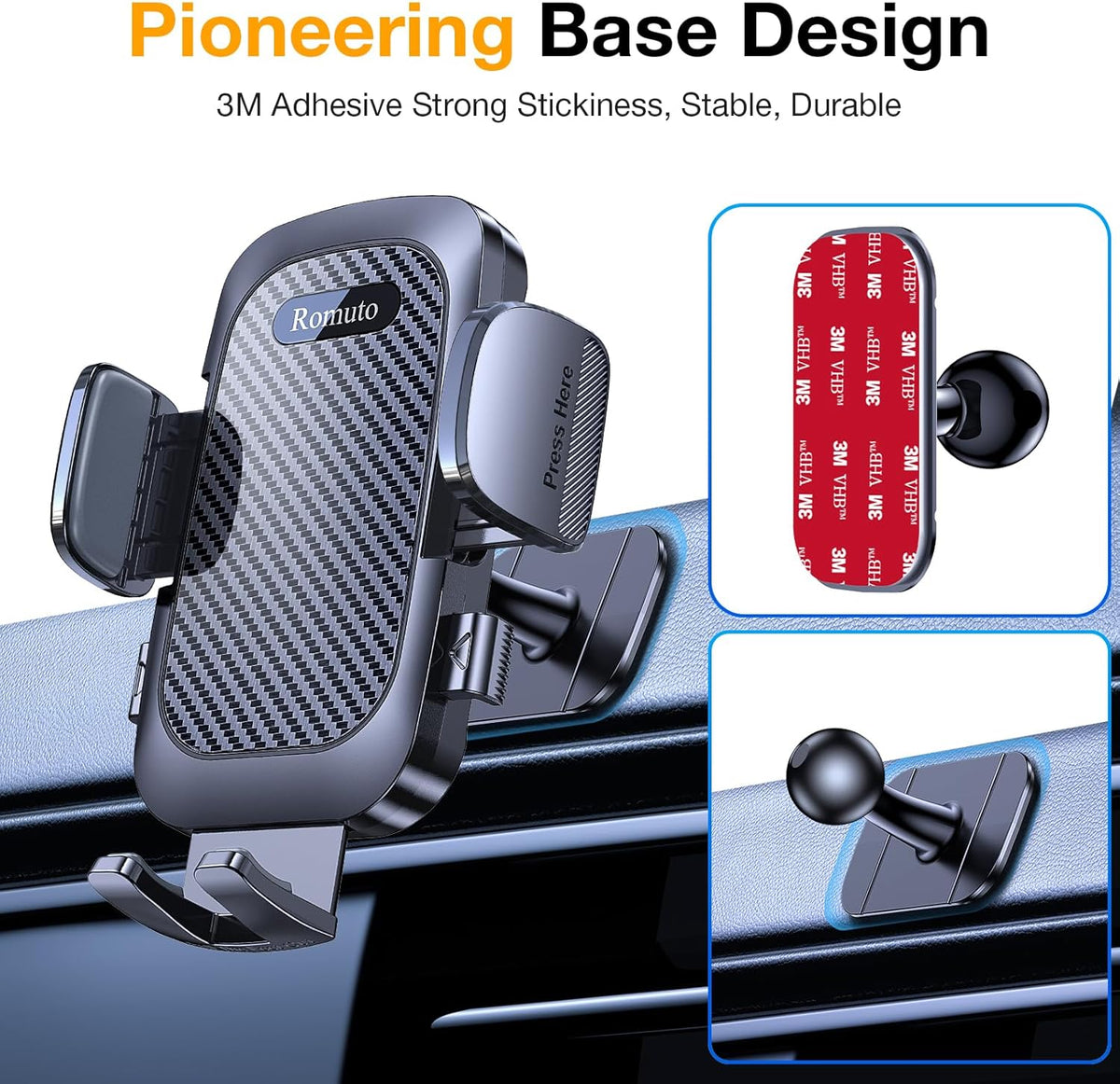 Romuto Phone Holders for Your Car Phone Holder Mount【Super Suction】 Cell Phone Mount for Car Accessories for Women Men Dashboard/Windshield/Vent Truck Stand Camera Mounts for iPhone Samsung