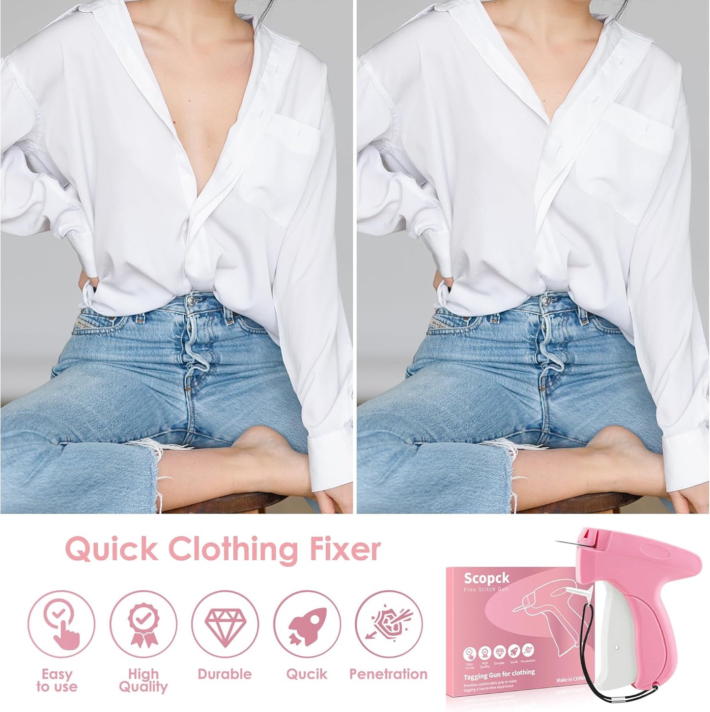 Stitch Gun for Clothes - Handheld Stitch Gun Quick Clothing Fixer - Tagging Gun - Includes 6 Needle, 1000 Black Fasteners & 1000 White Fasteners (Pink/Orange)