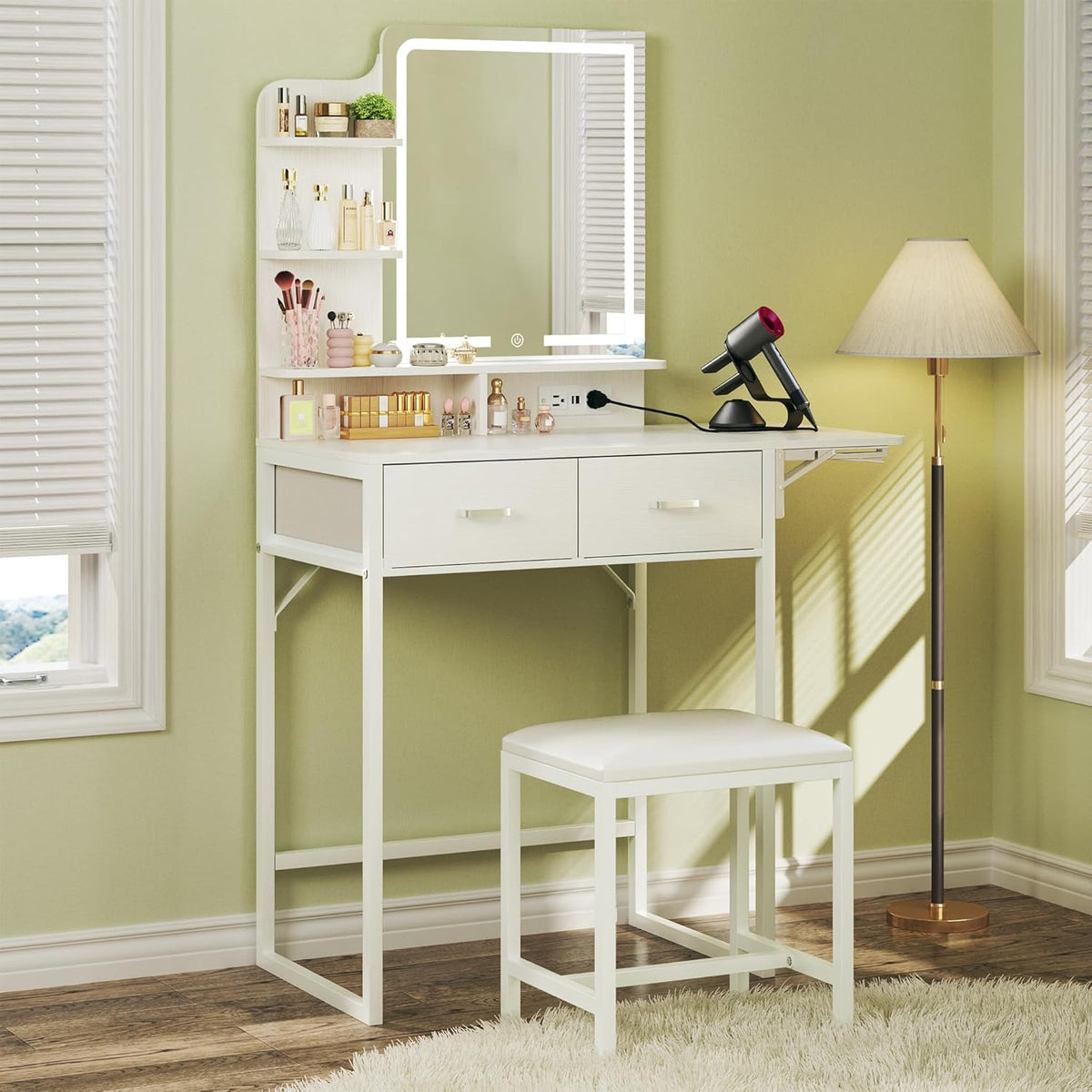 Small Vanity Desk with Mirror and Lights, Makeup Vanity with Fabric Storage Drawer, Chair and Three Shelves, White Vanity with Power Outlet and Fold-up Panel, Bedroom