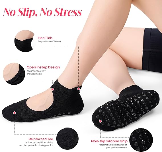 CoolMate Pilates Socks with Grips for Women, Yoga Socks, Crew Non Slip Women for Barre, Valentines Day Gifts for Her