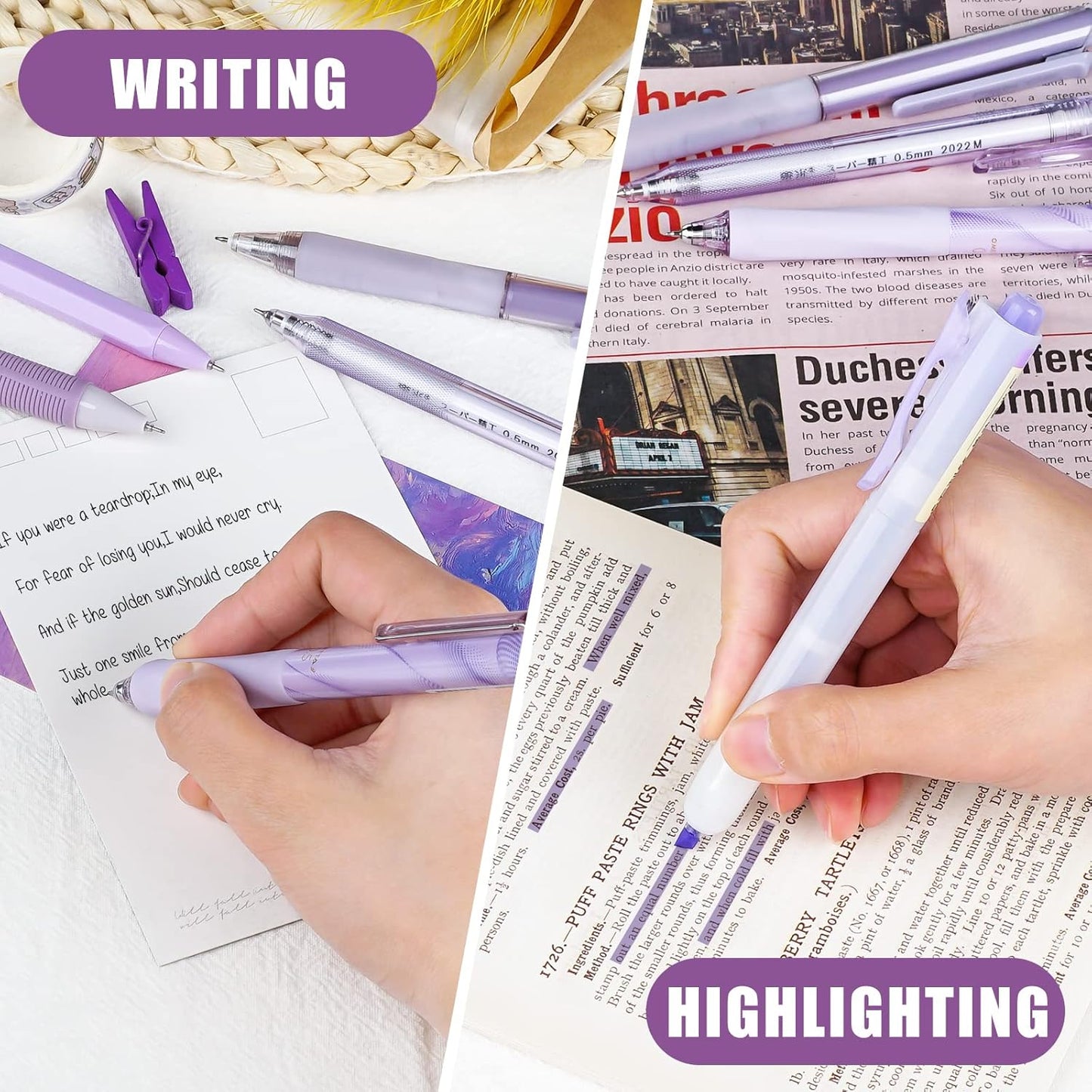Four Candies Lavender Series Gel Pens, Black & Purple Ink Writing Pens with 0.5 mm Smooth Fine Point, School Office Stationery Supplies Desk Accessories Gifts for Women, Set of 12