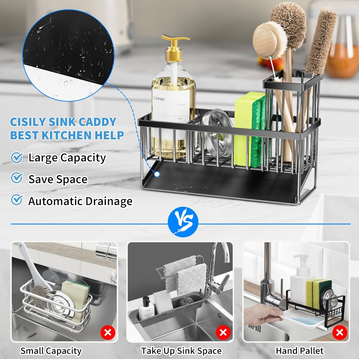 Cisily Kitchen Sink Caddy Organzier with High Brush Holder, Sponge Holder for Sink, 304 Rustproof Stainless, Kitchen Countertop Soap Dispenser Organizer