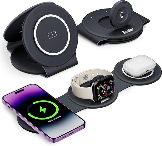 3 in 1 Charging Station for Multiple Apple Devices, Compatible with iPhone 17/16/15/14/13, Apple Watch & AirPods, Foldable Fast Wireless Charger & Travel Charger for Home/Office/Trips