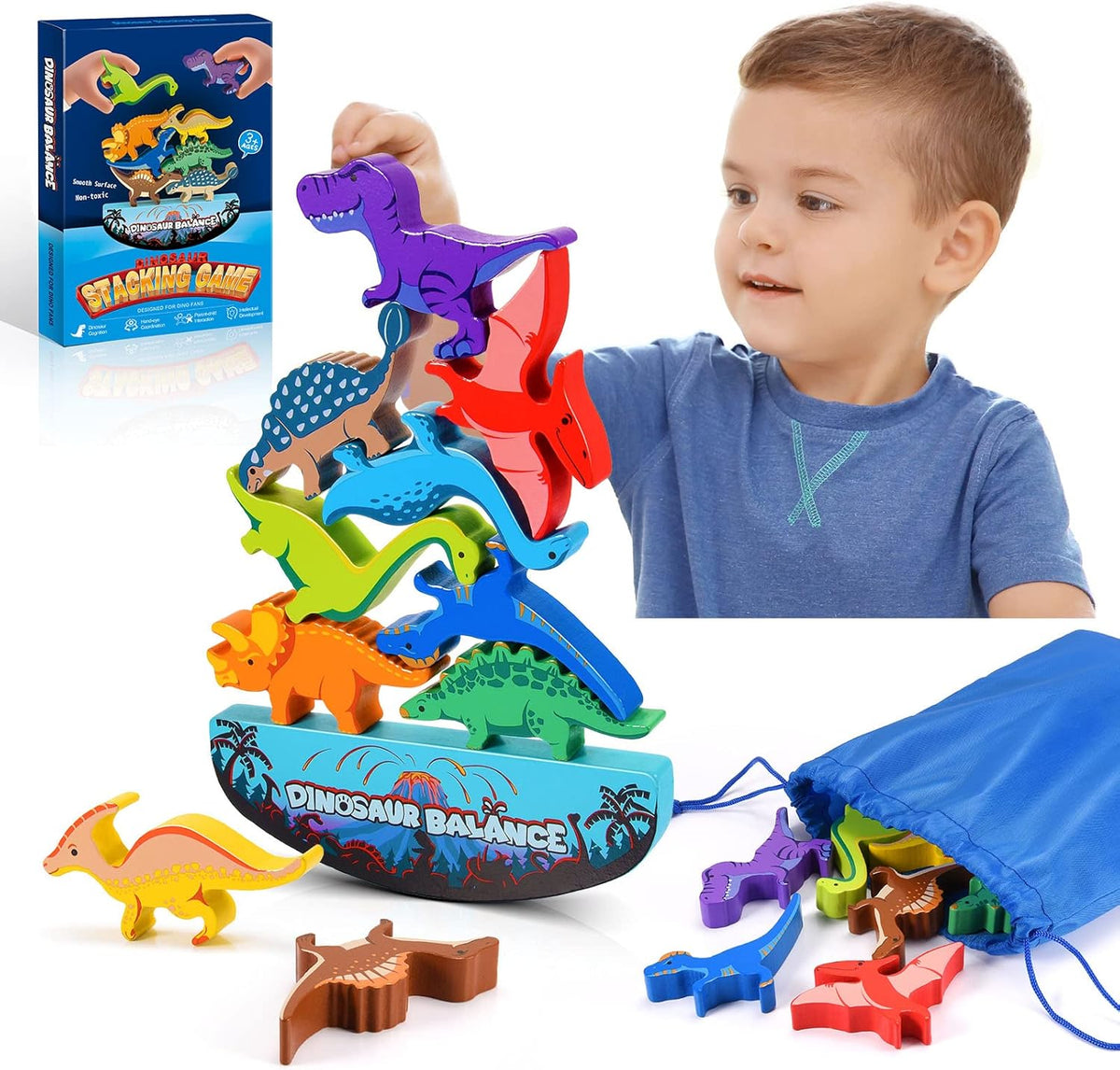 Dinosaur Toys for Kids 3-5: Wooden Stacking Montessori Toys for 3 4 5 6 7 8 Year Old Boys Girls Birthday Gifts for Kid Ages 4-8 Balance Competition Game for Family Stocking Stuffers
