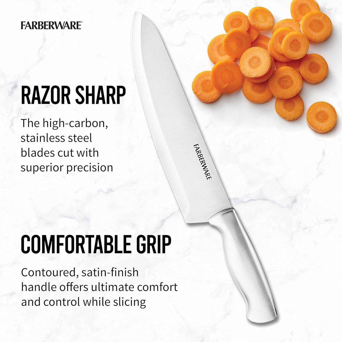 FARBERWARE 15-Piece Kitchen Knife Set with High-Carbon Stainless Steel Blades, Black Handles, Steak Knives, Wood Block, Razor Sharp and Ergonomic