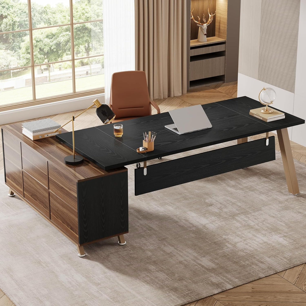 Tribesigns 78.7-Inch Executive Desk, L-Shaped Desk with 55-Inch Cabinet, Large Office Desk with Storage Shelves, Modern Computer Desk for Home Office, Black & Walnut
