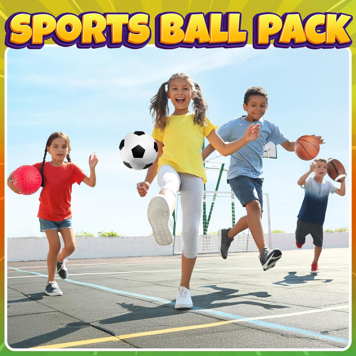 Sports Balls for Kids & Toddlers - (Pack of 4) 5-inch Sports Set Includes Football, Small Size Soccer, Basketball, and Playground Balls, Fun Indoors & Outdoor Toys (Hand Pump Included)