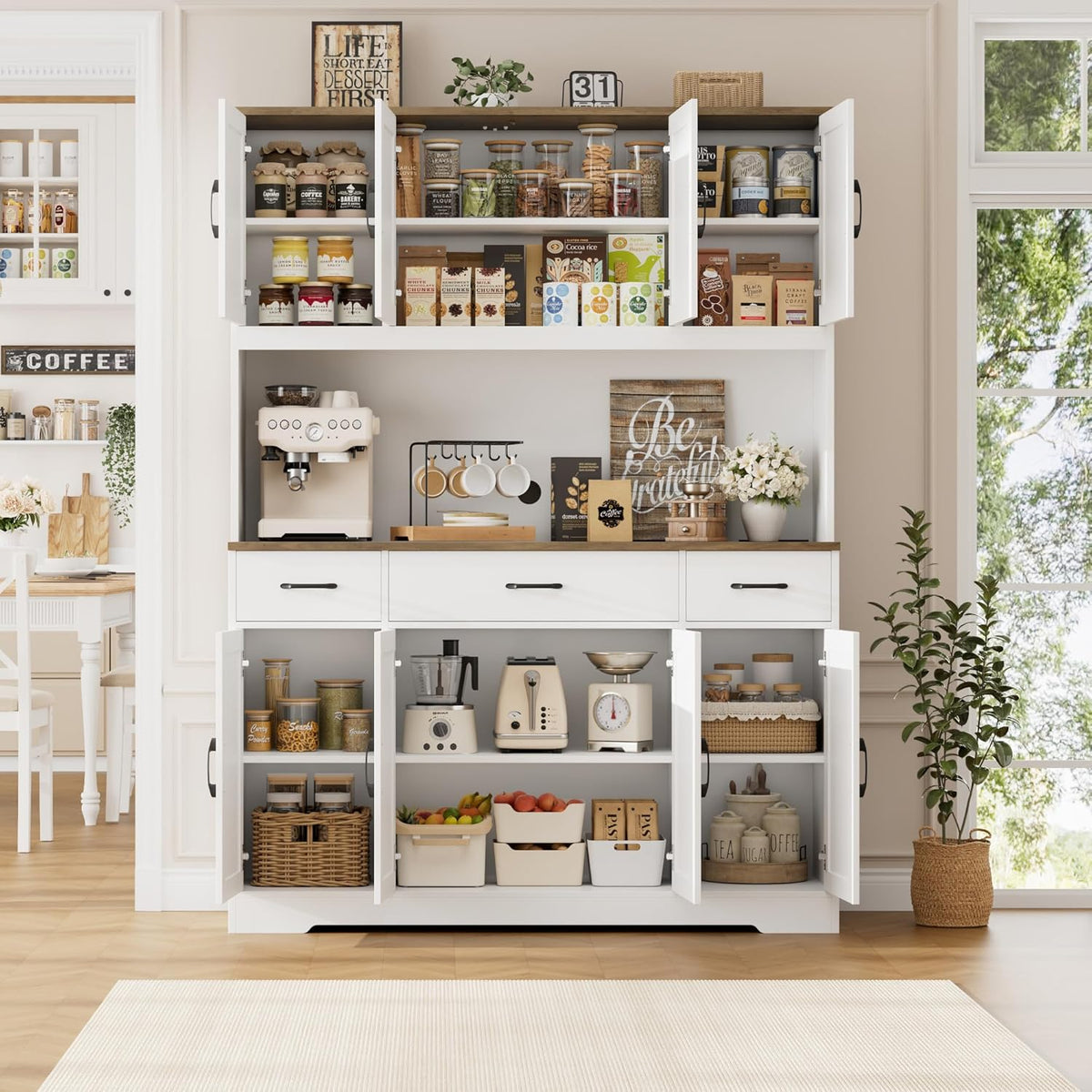 HOSTACK 71" Tall Kitchen Pantry Storage Cabinet with Charging Station, 55" Wide Kitchen Hutch Cabinet with Large Countertop, Farmhouse Food Pantry with Drawers for Living Room (White)
