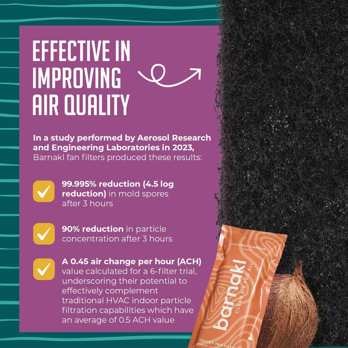 Ceiling Fan Air Purifier Pads, Activated Coconut Shell Carbon Fan Filters Trap Dust, Odors & Allergens, Easy-Stick Universal Fit for Ceiling Fan Blades, Odorless & Unscented - (5 Count)