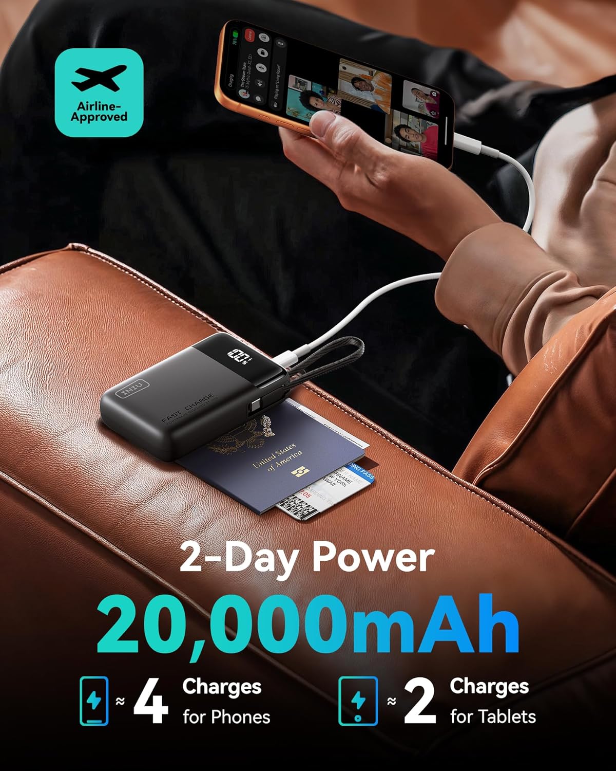 INIU 45W Portable Charger, Smallest 20000mAh Power Bank with Build in USB-C Cable, Fast Charging USB C in&Out Battery Pack, Travel Phone Charger for iPhone 17 16 15 Air Samsung S25 S24 Google iPad etc