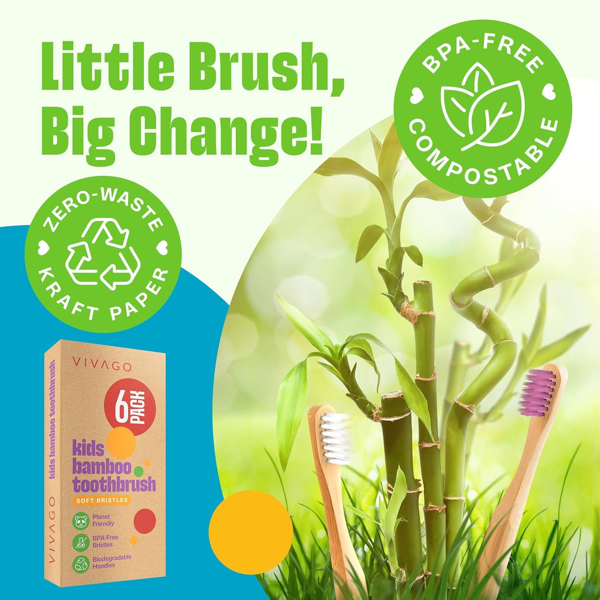 Kids Toothbrush with Soft Bristles 6 Pack - Toddler Toothbrush with Colorful Bamboo Handles // Kids Bamboo Toothbrushes // Kid Tooth Brush // Childrens Toothbrushes Set