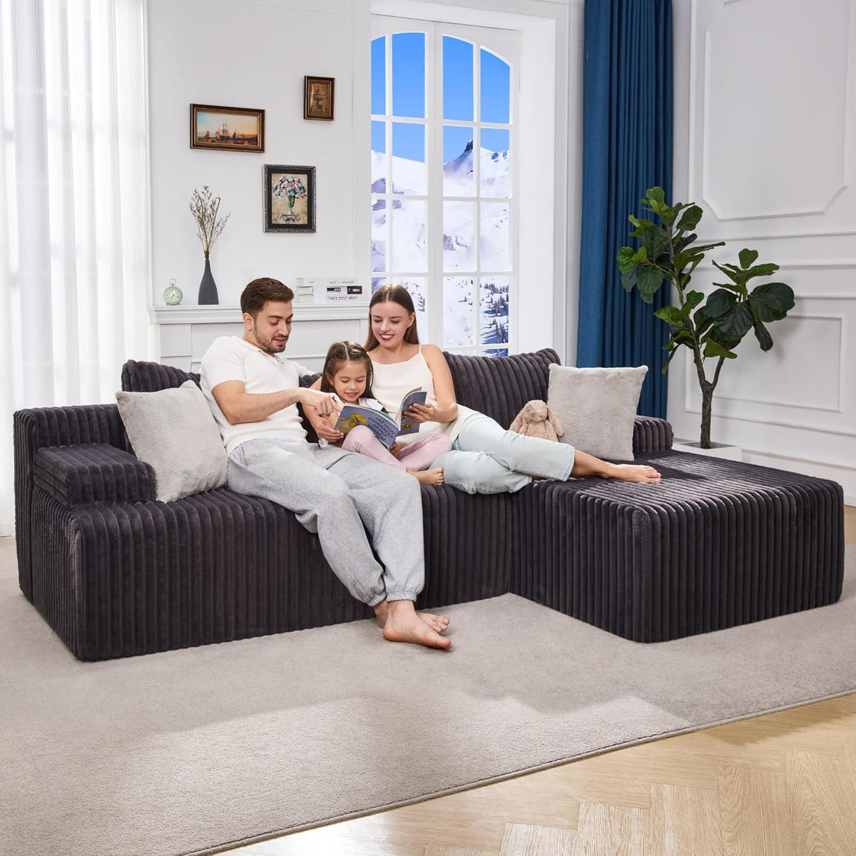 Modular Sectional Sofa Couches L-Shape Couch 3 Seat Modular Sofa Memory Foam Sectional Couches for Living Room, Cloud Couch with Oversized Chaise (Grey Stripe, 96" Right Facing Chaise) | modular