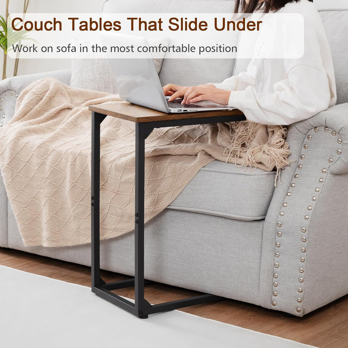 AMHANCIBLE C Shaped Side Table, End Tables Living Room Set of 2, Slide Under Couch Table for Sofa, TV Trays for Bedroom, Small Space, Rustic Brown HET02CBR