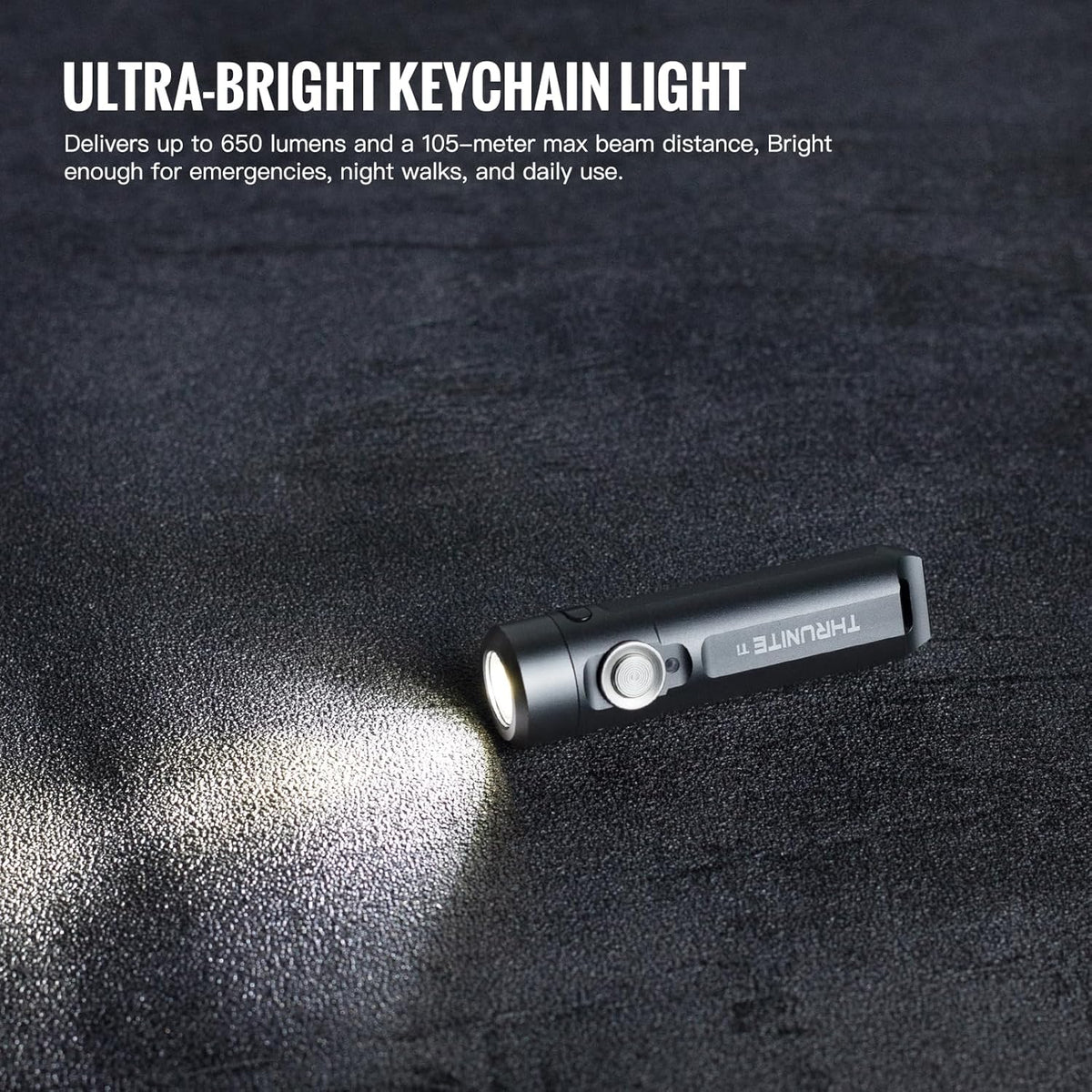 ThruNite Ti Mini Keychain Flashlight, USB-C Rechargeable EDC Pocket Light, Bright 650 Lumens Small Keychain Gadget for Camping, Everyday Carry, Indoor Outdoor Use (Grey Cool White)