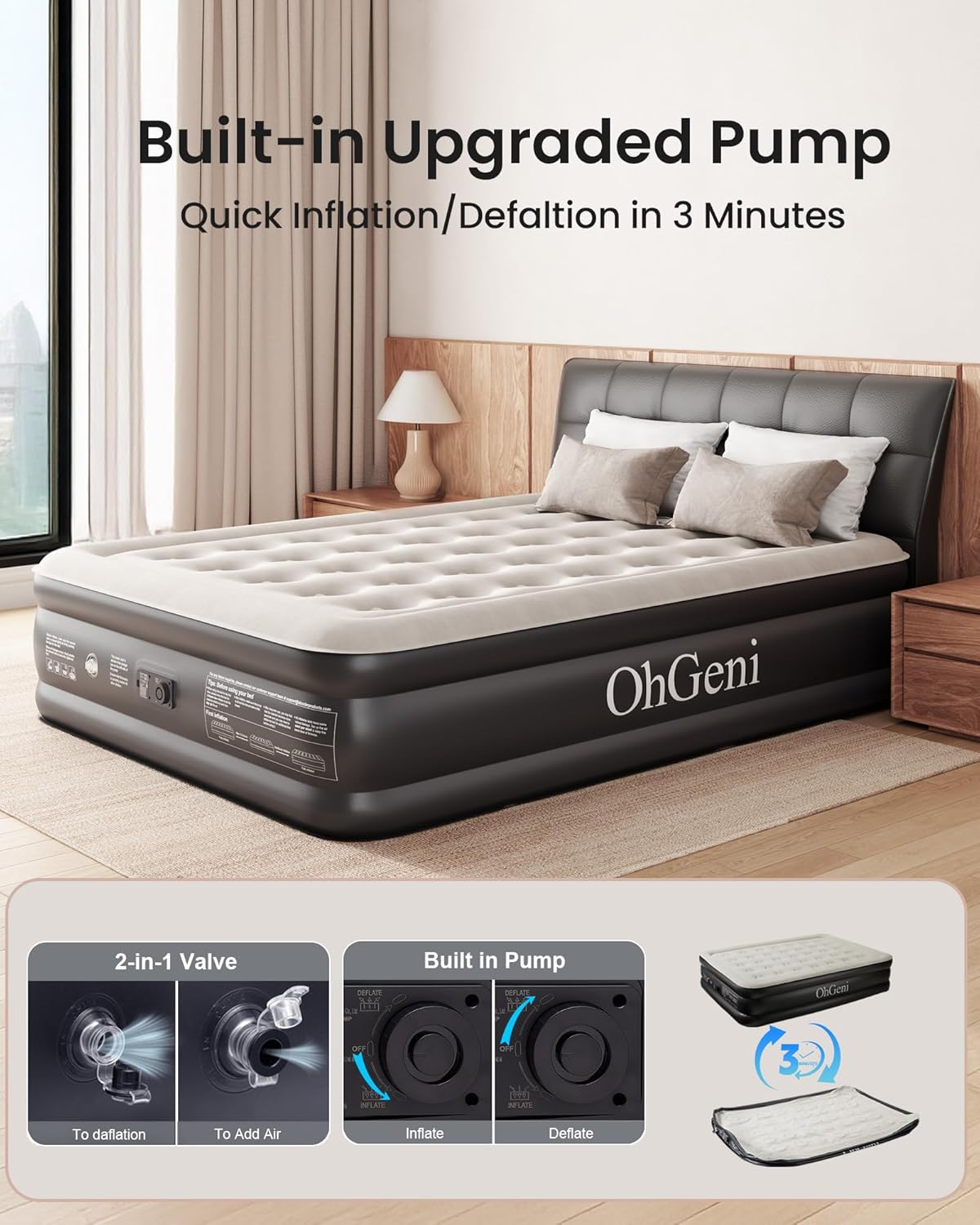 Air Mattress Queen with Built in Pump, Inflatable Mattress Blow Up Mattress 18 Raised Comfort,Upgraded Surface Portable Bed, Air Bed for Home, Guest, Camping, Colchone Inflable, 650 lbs