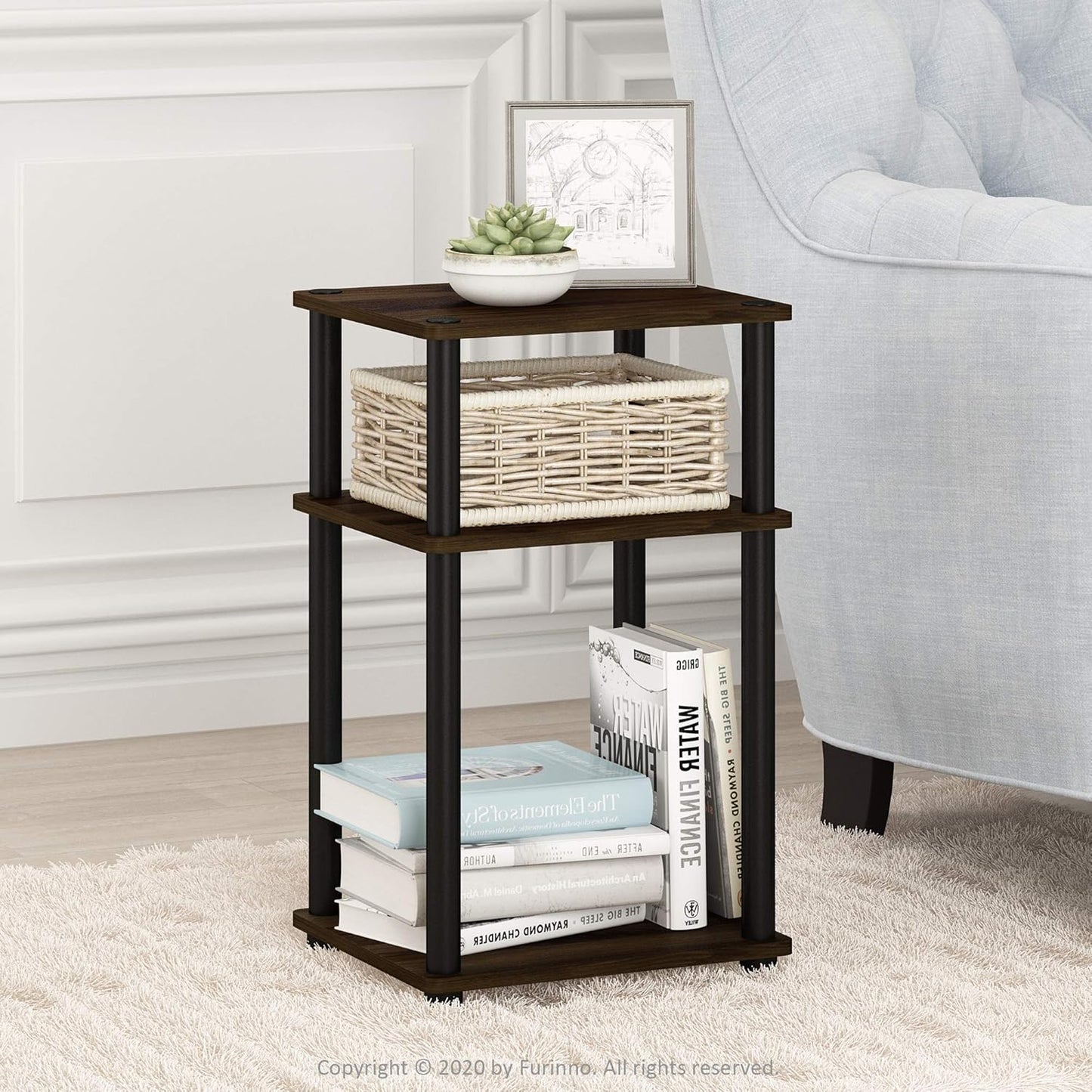 Furinno JUST Side Table, 3-Tier End Table, Open Shelves Night Stand, Bedside Table, Toolless Assembly, for Living Room, Bedroom, Bathroom, Columbia Walnut