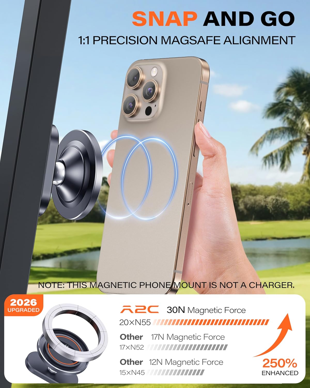 A2C Alloy Magnetic Golf Cart Phone Holder Compatible with MagSafe iPhone 12-17, Unique Golf Gifts for Men Golfers Women Dad Him, 2026 Golf Accessories Essentials Gadgets Fits EZGO, Club Car, Yamaha