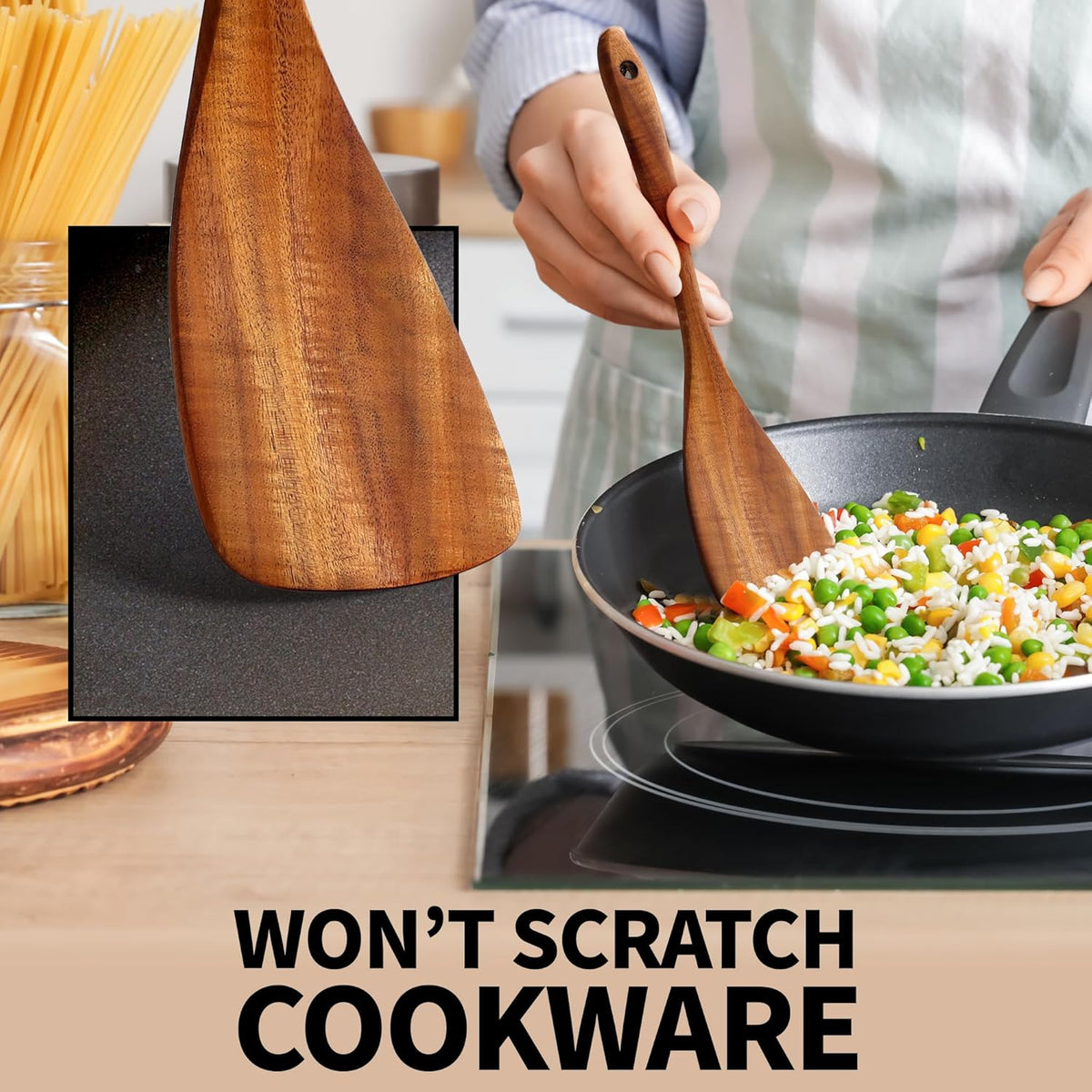 Zulay Kitchen 6-Piece Wooden Cooking Spoons Set – Heat-Resistant, Smooth Teak Utensils with Comfort Grip – Lightweight & Durable – Easy to Clean, Perfect for Non-Stick Cookware