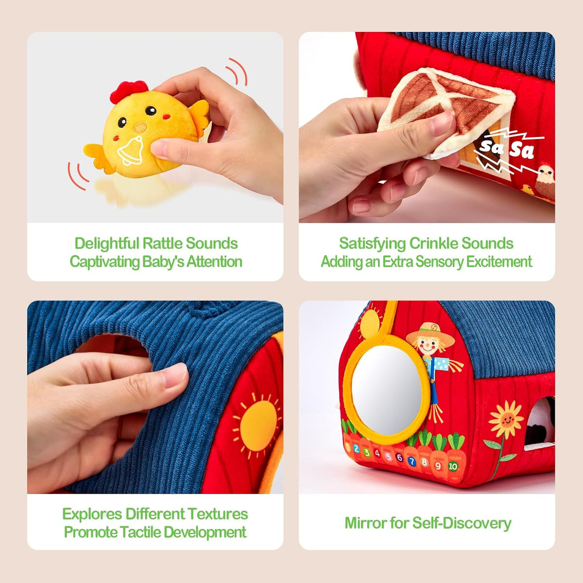 hahaland Baby Toys 6-12 Months - Surprise Barn Stuffed Farm Animals, Rattle, Crinkle, Mirror, Montessori Toys for 6 Month Old Sensory Balls 1-3 Plush Baby Valentines Day Gifts Easter Basket Stuffers